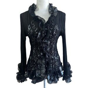 Pretty Angel Vtg Y2K Black Goth Ruffle Fairy Button Down Silk Blouse